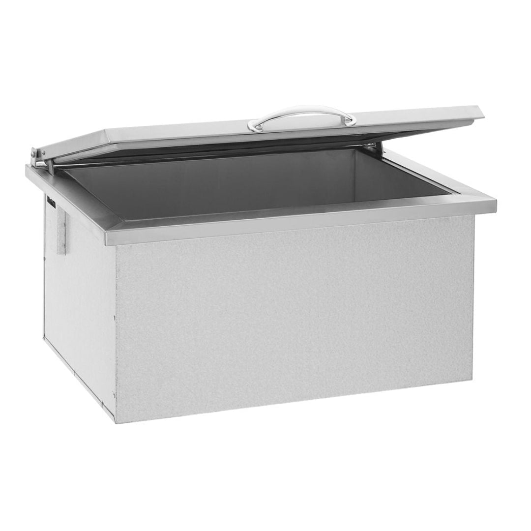 28-inch stainless steel built-in insulated ice chest (IC-28) drop-in ice bin cooler with hinged lid and handle for outdoor kitchen