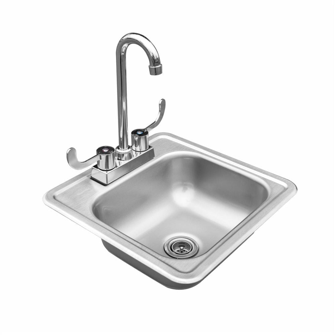 Trueflame tf-nk-15d1 brushed stainless steel drop-in single-bowl sink with deck-mounted high-arc gooseneck faucet, dual lever handles and integrated drain strainer, compact bar and kitchen prep sink