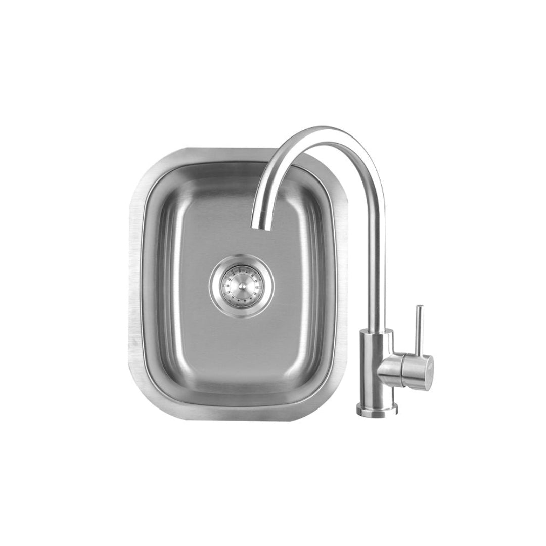Trueflame TF-NK-19U1 stainless steel single-bowl undermount bar prep sink with high-arc gooseneck single-handle faucet and strainer