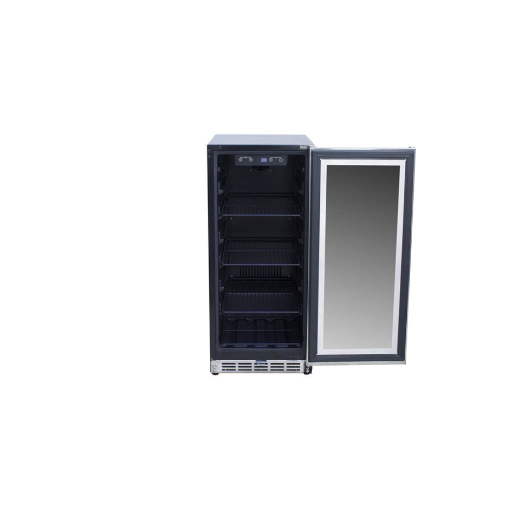 Trueflame TF-RFR-15G 15-bottle built-in undercounter wine refrigerator beverage cooler with stainless steel trim glass door, digital temperature display and five removable wire shelves