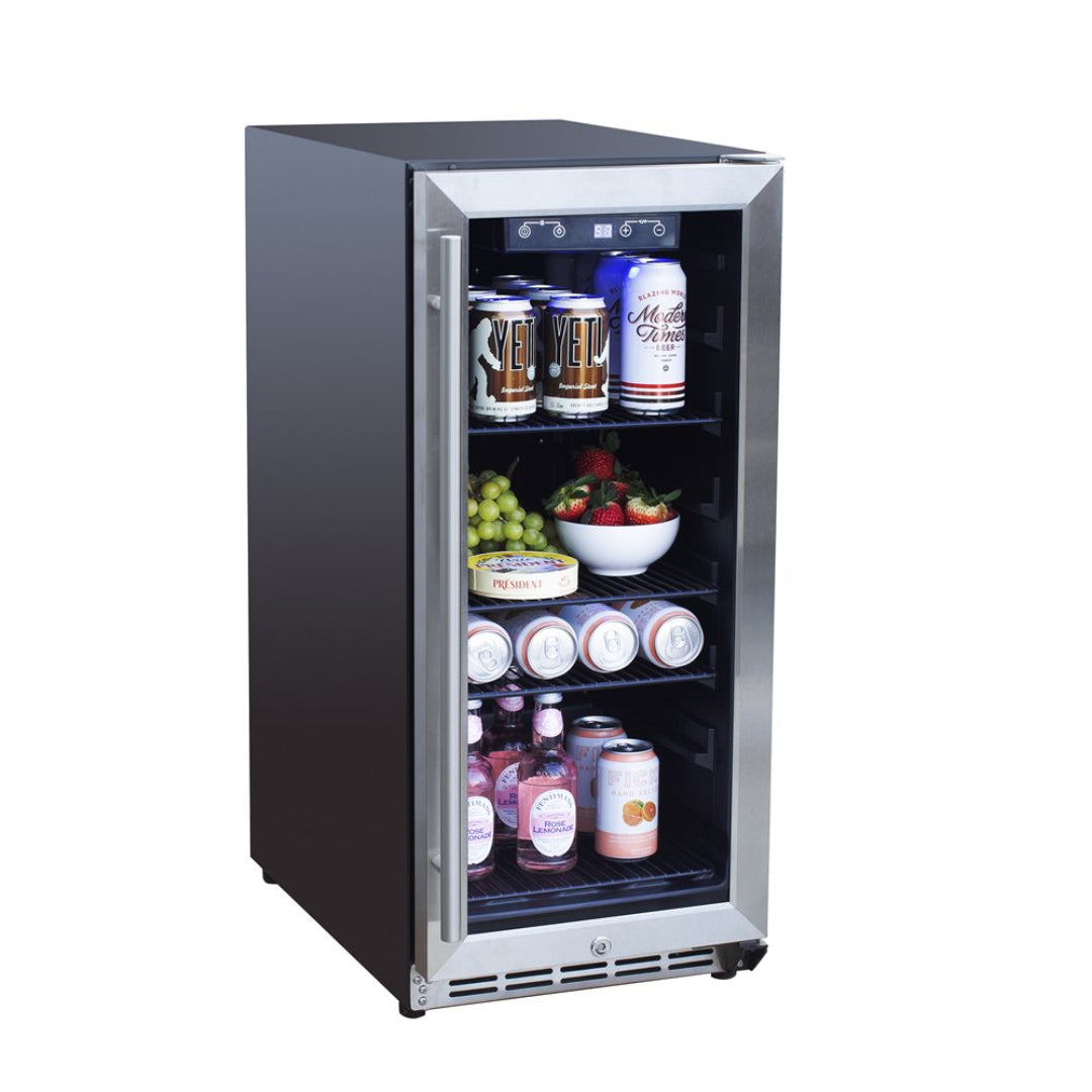 15-inch stainless steel-trim glass door beverage refrigerator, compact freestanding undercounter cooler with digital thermostat and adjustable shelves, stocked with cans, bottles and fruit