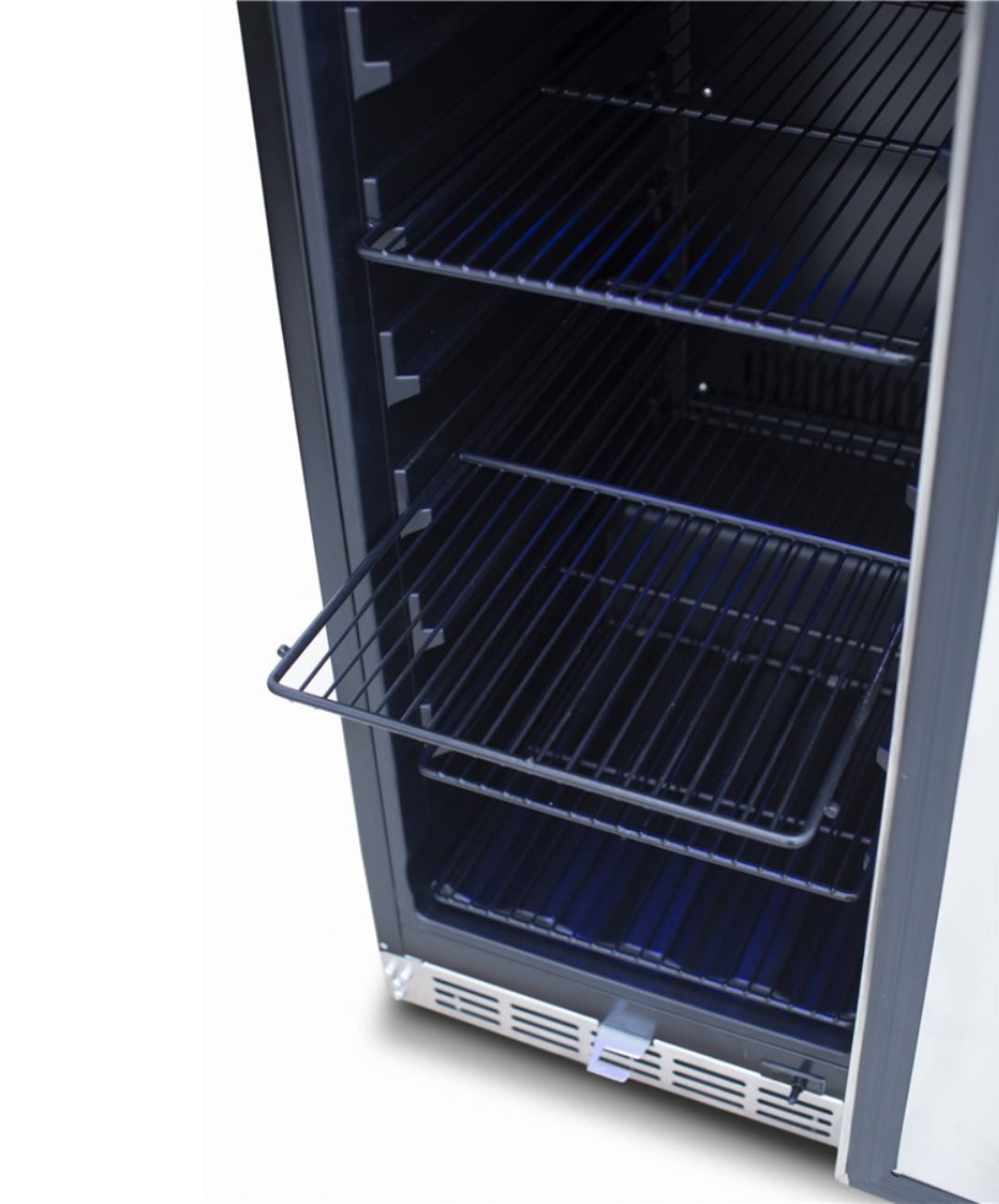 125-TF-RFR-15G-4 compact undercounter beverage refrigerator interior with adjustable pull-out wire shelves, blue LED lighting