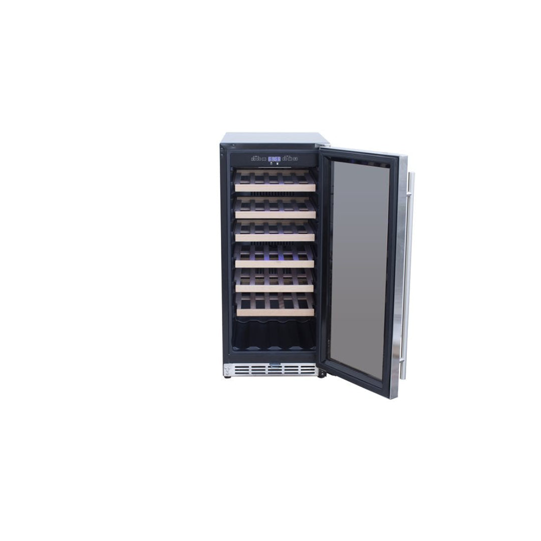Trueflame 15-bottle under-counter stainless steel glass-door wine refrigerator with digital temperature control and wooden shelving