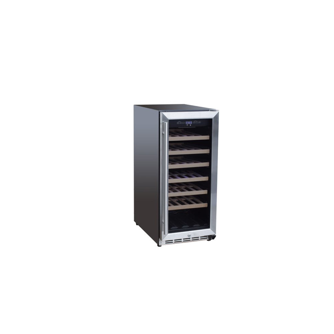 Trueflame TF-RFR-15W 15-inch freestanding wine cooler with stainless steel framed glass door, wooden shelves and digital temperature control