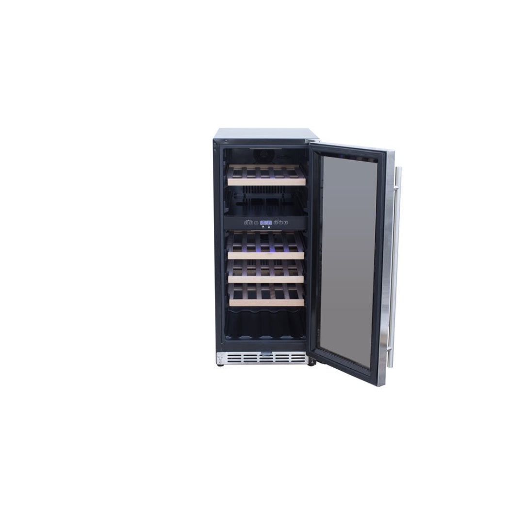 Trueflame TF-RFR-15WD 15-bottle undercounter wine cooler with stainless steel glass door, wood shelves, temperature control