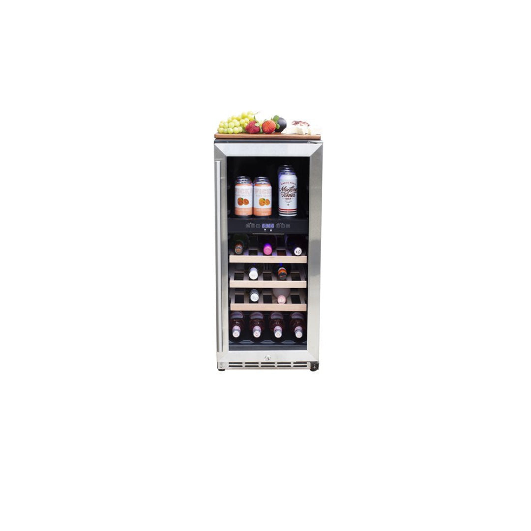 125-TF-RFR-15WD compact 15-bottle stainless steel wine cooler with glass door, wood shelves and digital temp control