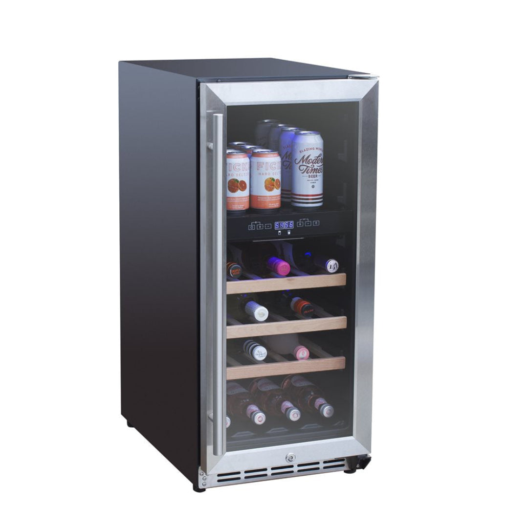 125-TF-RFR-15WD slim stainless steel glass-door undercounter wine cooler, 15-bottle beverage refrigerator with wood shelves, digital temperature display and top can storage for home bar