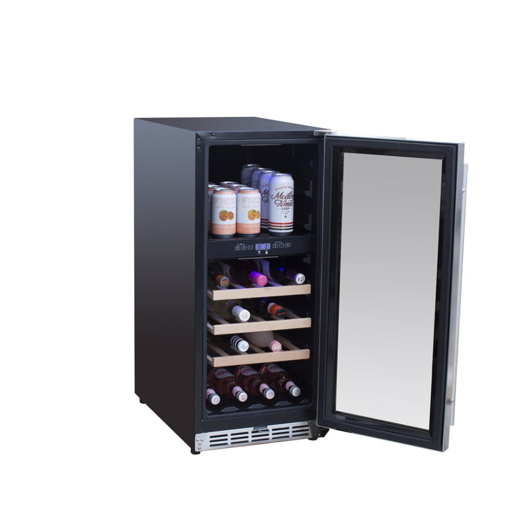 Trueflame TF-RFR-15WD 15-inch built-in front-vent single-zone wine and beverage cooler with mirrored glass door, stainless handle, digital thermostat and wood shelves for cans and bottles