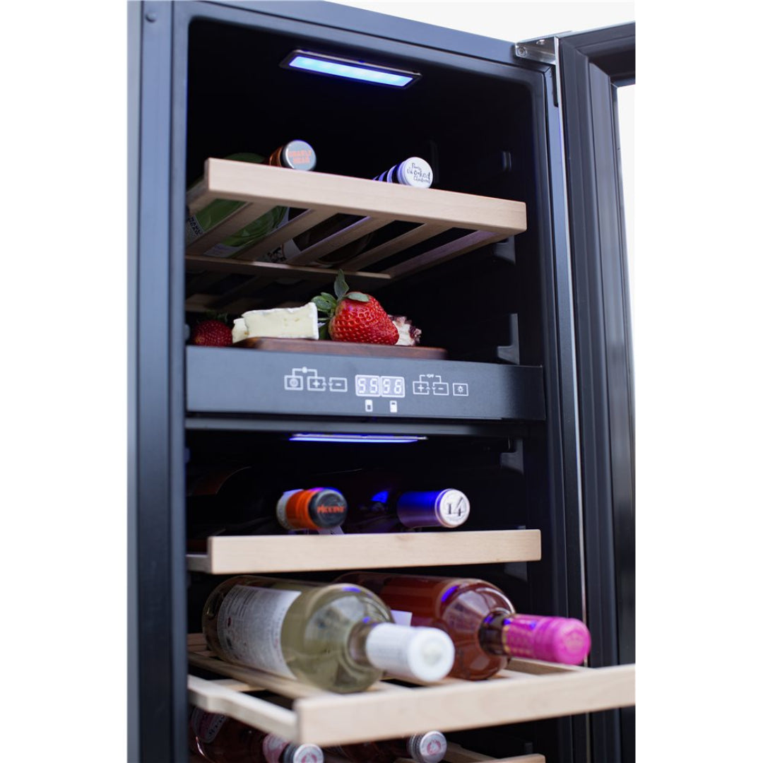 125-tf-rfr-15wd compact 15-bottle dual-zone wine refrigerator with wooden shelves, blue LED interior and digital temperature display, glass door open showing white and rosé bottles and a cheese platter
