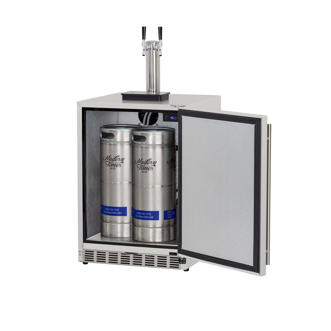 125-TF-RFR-24DK2 24-inch built-in stainless steel dual-tap kegerator refrigerator with double faucet draft tower and digital thermostat, fits two sixtel kegs — Trueflame