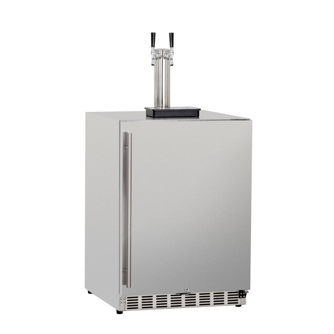 TF-RFR-24DK2 stainless steel 24-inch undercounter dual-tap kegerator with two-faucet tower, drip tray and vertical bar handle