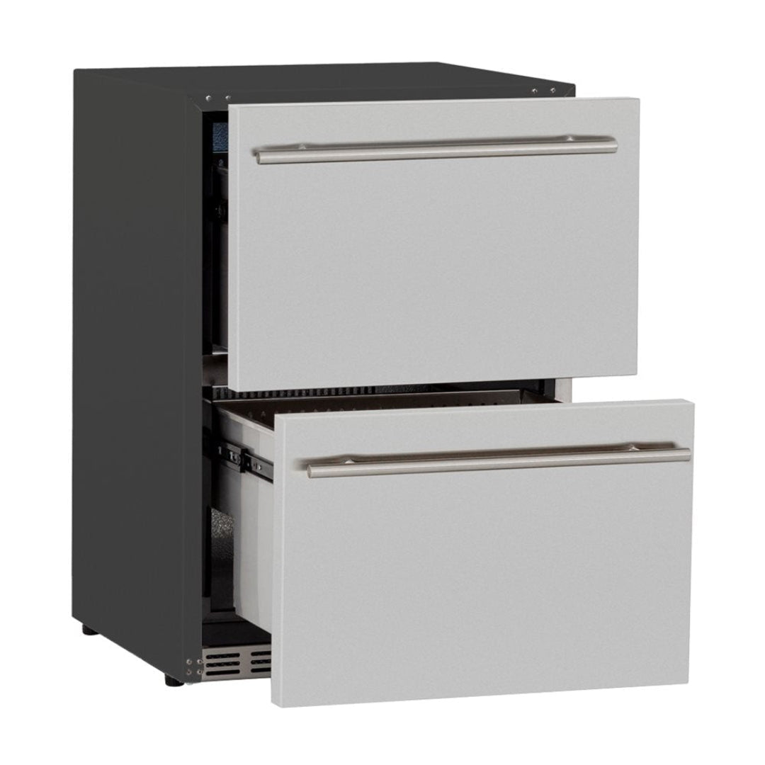125-TF-RFR-24DR2 24-inch built-in dual-drawer undercounter refrigerator with stainless steel drawer fronts and horizontal bar handles for outdoor kitchen beverage storage