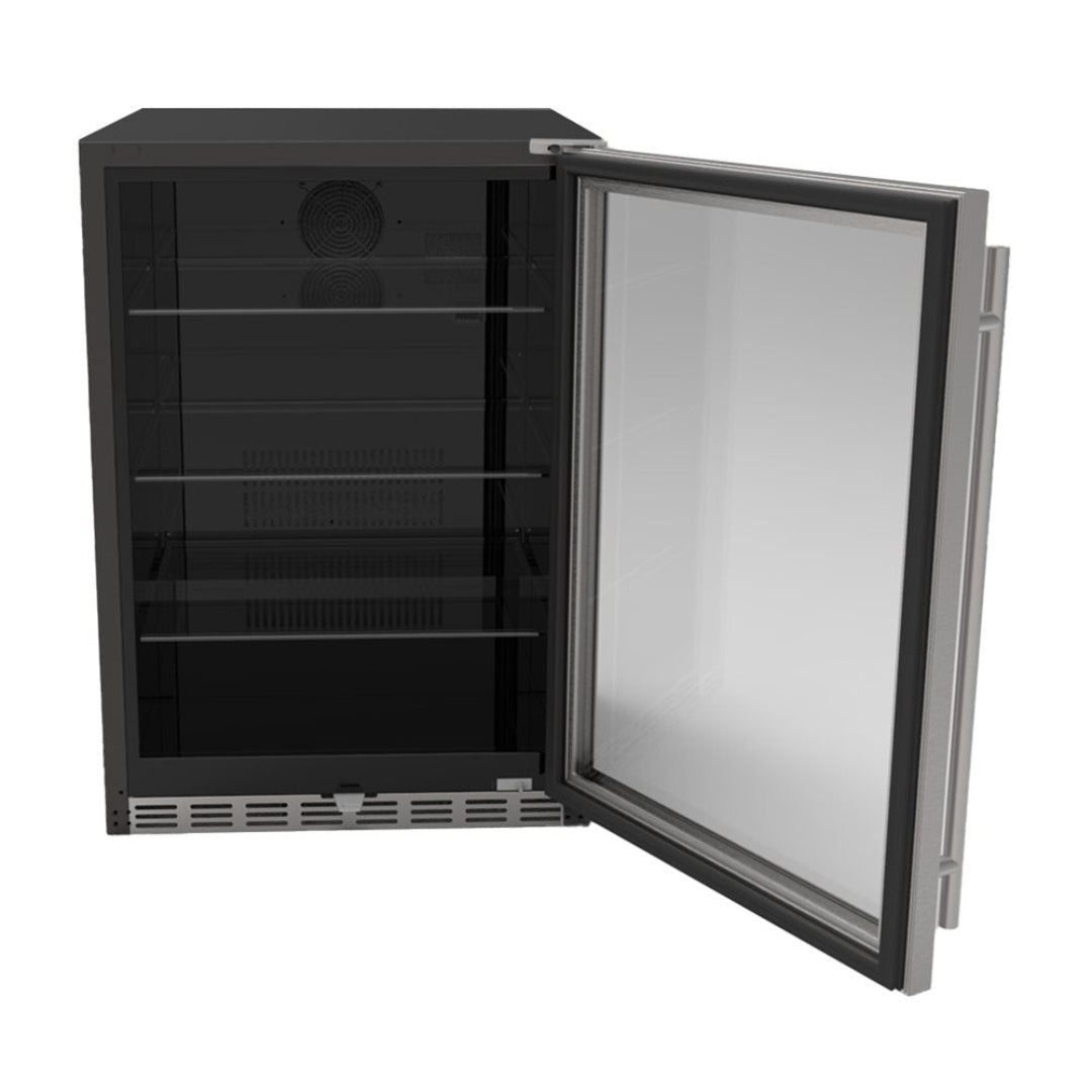 Trueflame 125-TF-RFR-24G 24-inch undercounter glass-door beverage fridge, stainless steel, 4 shelves, front-vented