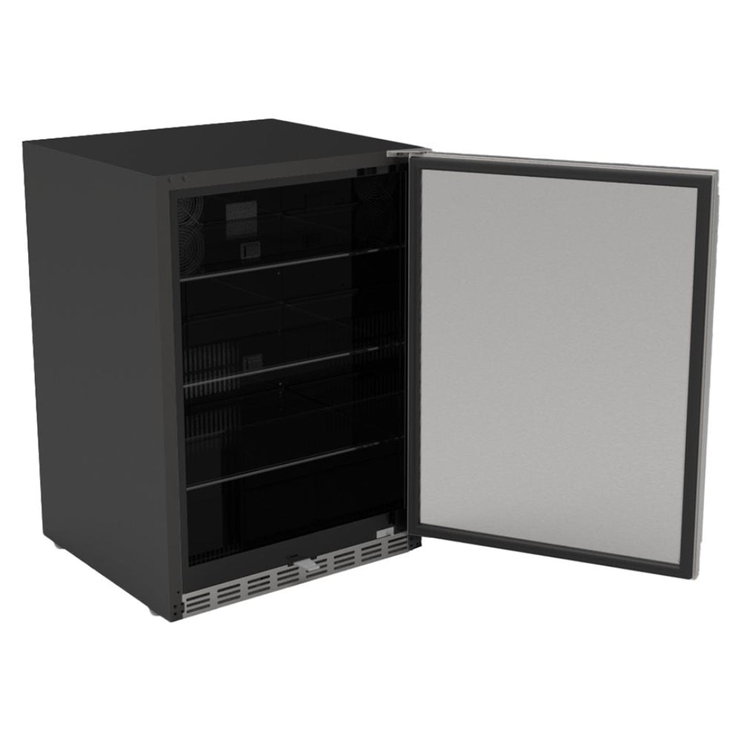 24-inch undercounter panel-ready beverage refrigerator wine cooler with stainless door open to black interior and glass shelves