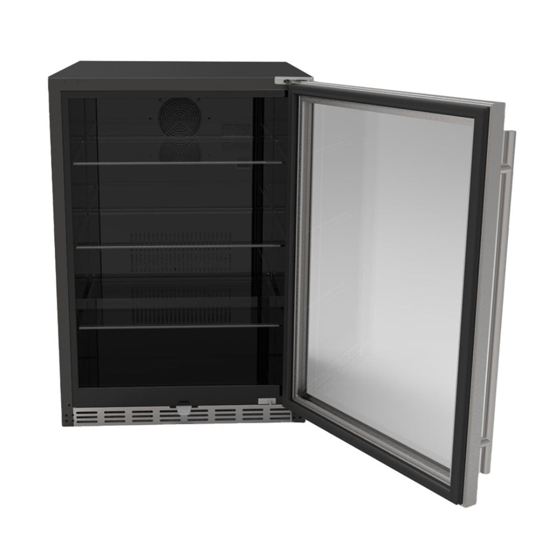 24-inch undercounter built-in beverage refrigerator TF-RFR-24S stainless steel trim right-hinged glass door wine cooler black interior adjustable metal shelves