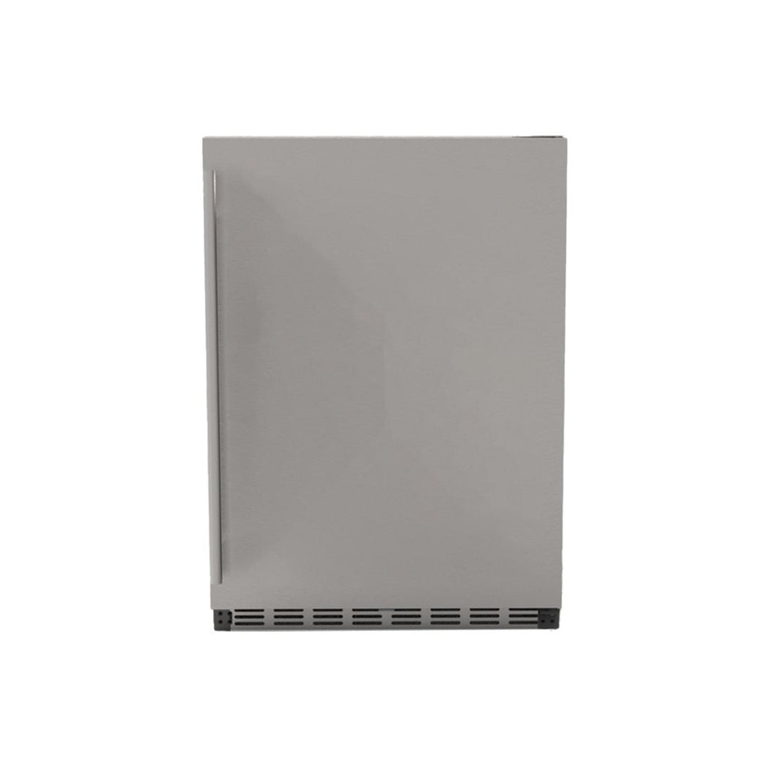Trueflame 24-inch built-in stainless steel undercounter refrigerator single-door beverage fridge with integrated vertical handle and toe-kick vent model 125-TF-RFR-24S-AR