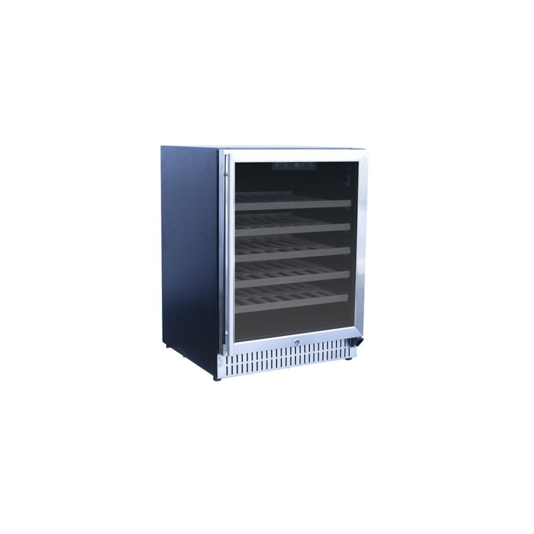 Trueflame 125-TF-RFR-24W 24-inch undercounter wine refrigerator, black cabinet with stainless-steel trim and vertical handle, lockable tinted glass door, front-vented base with slatted shelves