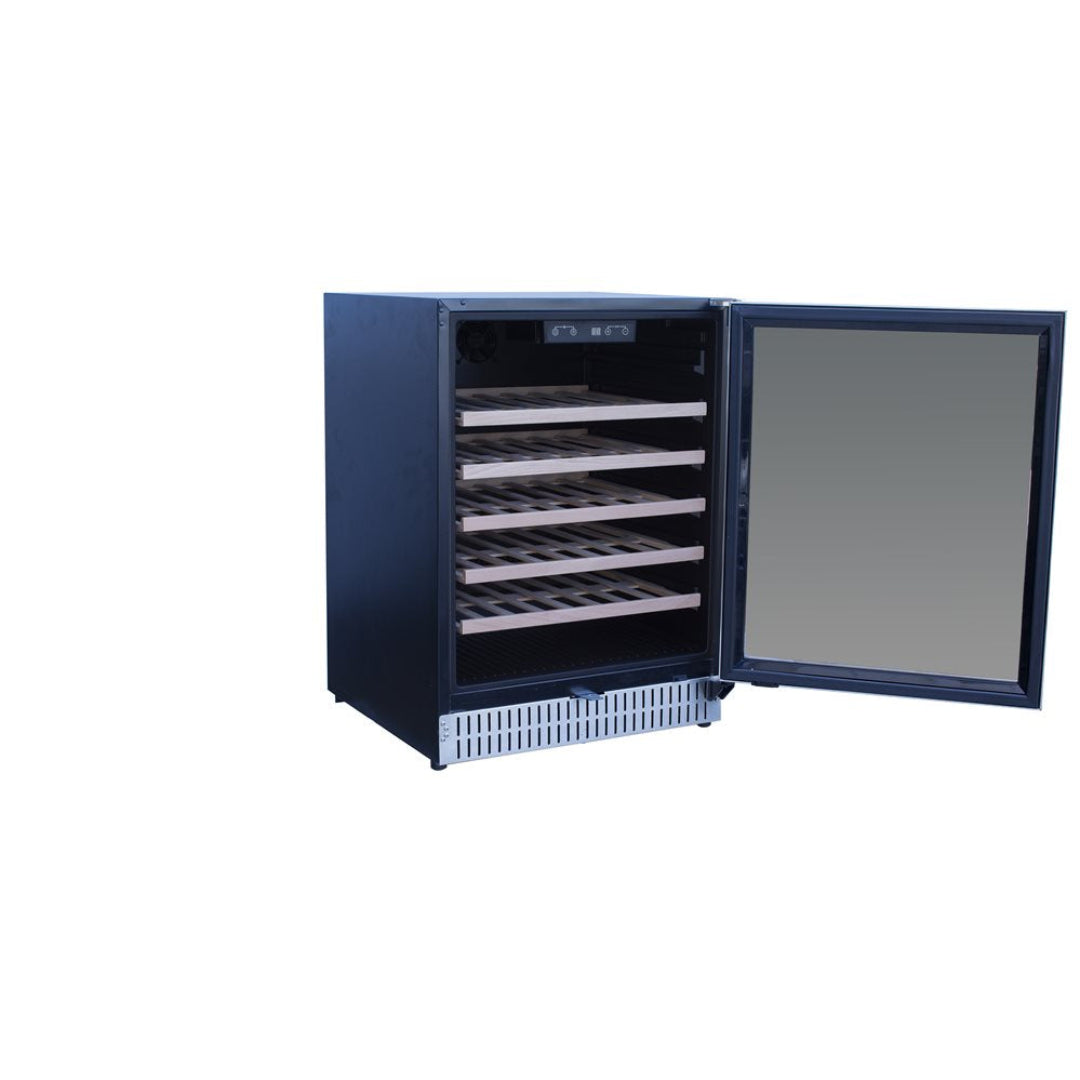 Trueflame 125-TF-RFR-24W 24-inch undercounter wine fridge with mirrored glass door, front vent and wooden slide-out shelves