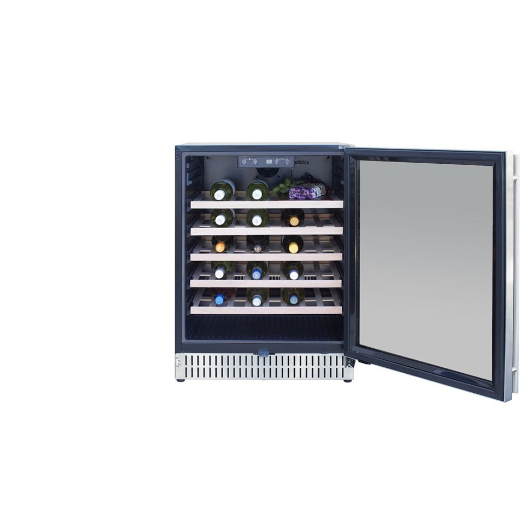 125-TF-RFR-24W 24-inch undercounter built-in wine cooler with mirrored glass door, wooden slide-out shelves, stainless-steel vented toe-kick and digital temperature controls