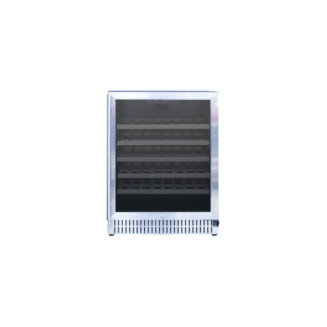 Trueflame TF-RFR-24W1 stainless steel glass door undercounter wine refrigerator with slatted shelves and lock