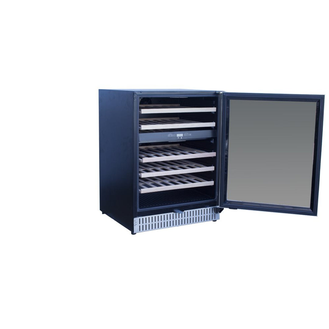 TF-RFR-24WD 24-inch built-in undercounter wine fridge, mirrored glass door, front-vented grille, six sliding wood shelves