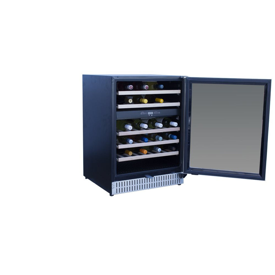 Trueflame 24-inch undercounter built-in wine cooler with mirrored glass door, wooden slide-out shelves, 24-bottle capacity, digital temperature controls