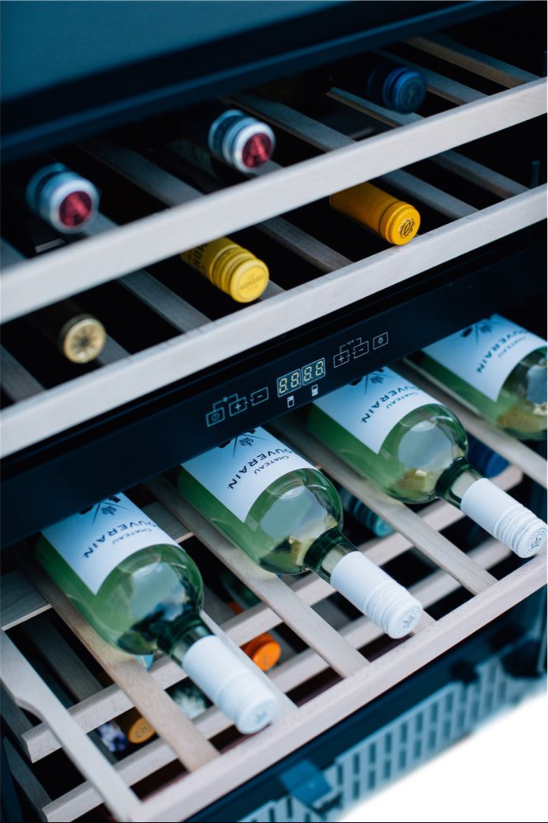 125-TF-RFR-24WD 24in built-in dual-zone wine fridge interior with wooden shelves, digital controls, horizontal wine bottles