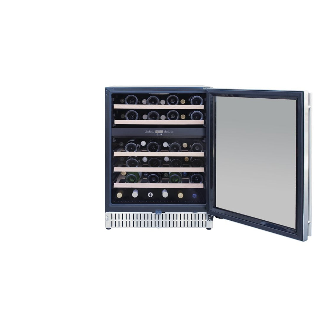 24-bottle undercounter built-in wine cooler 125-TF-RFR-24WD-6 with mirrored glass door, wood shelves, digital controls