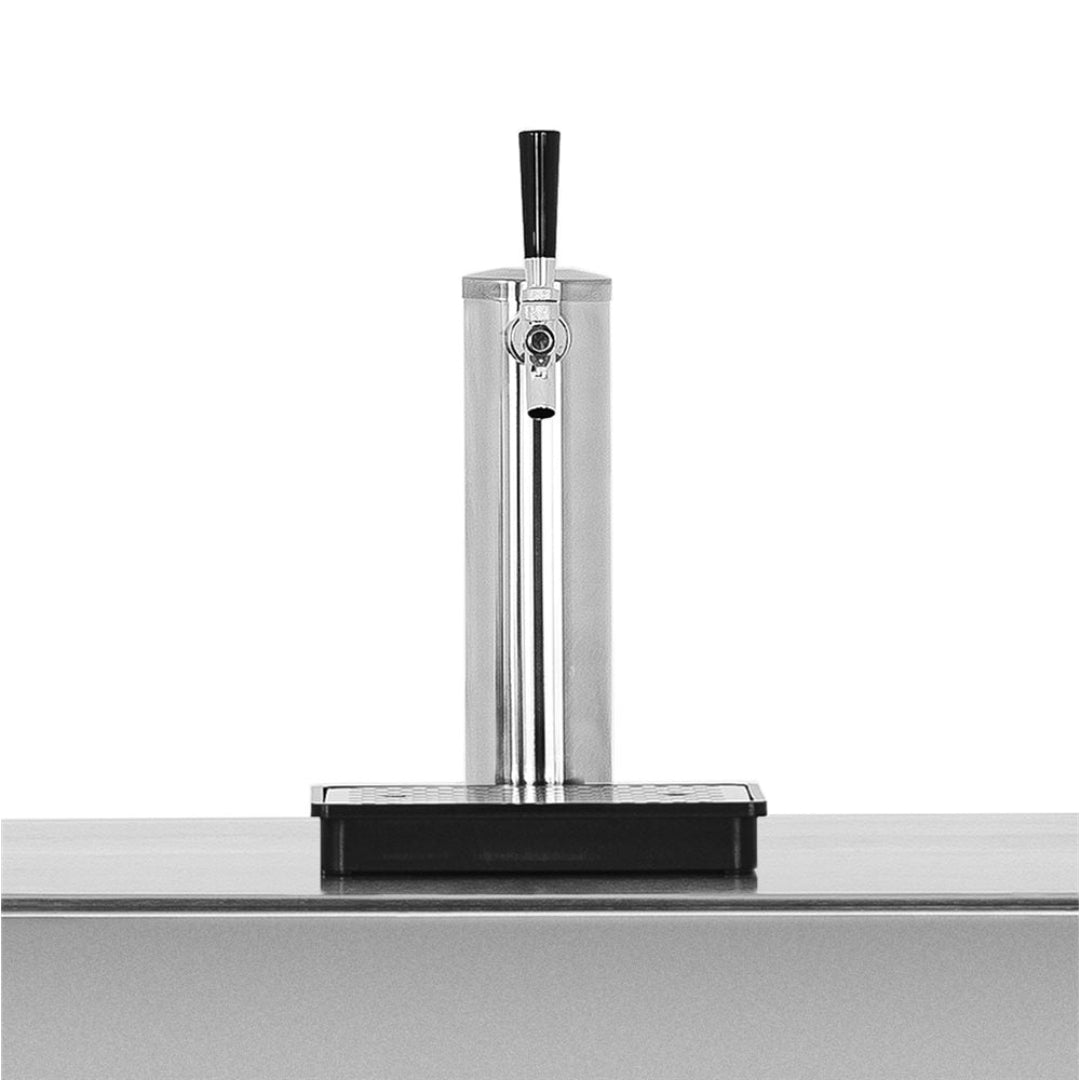Stainless steel single-faucet draft tower with black tap handle and removable drip tray for kegerator or wine dispenser