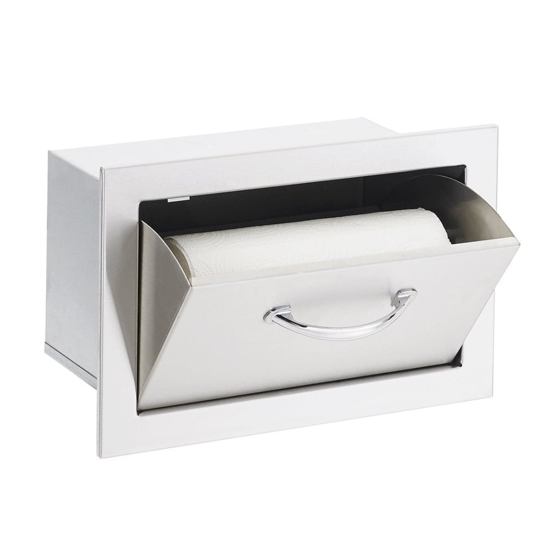 Trueflame stainless steel built-in paper towel roll holder with flip-down cover and chrome handle for outdoor kitchen grill islands TF-TH-17