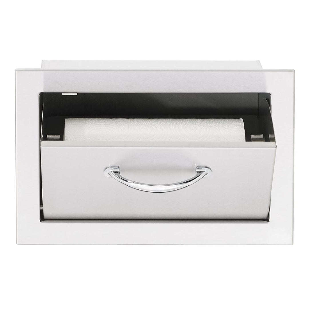 Trueflame TF-TH-17 stainless steel built-in paper towel holder, drop-in recessed drawer with chrome handle for outdoor grill island