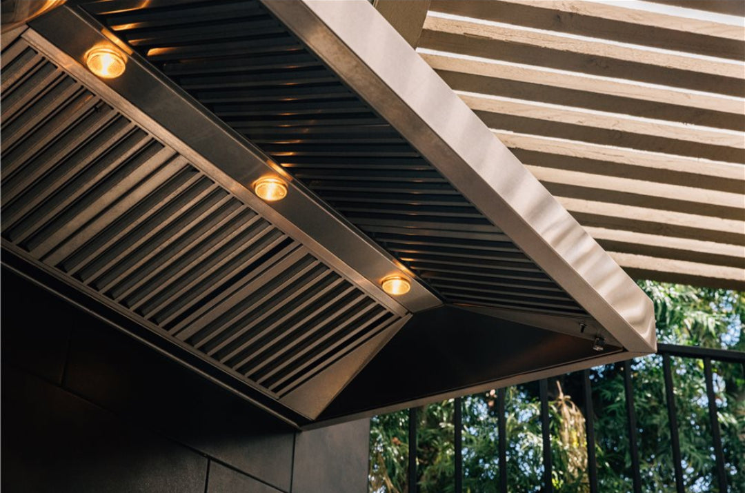 48-inch stainless steel outdoor kitchen vent hood VH-48 with commercial baffle filters and built-in LED lights for outdoor grill ventilation