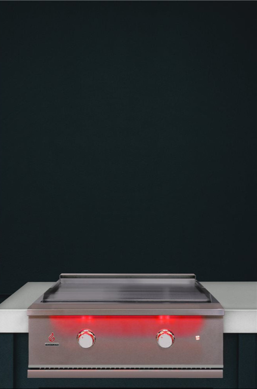 TFG30 30-inch built-in stainless steel flat-top gas griddle with smooth cooking surface and two red LED-illuminated control knobs for outdoor kitchen