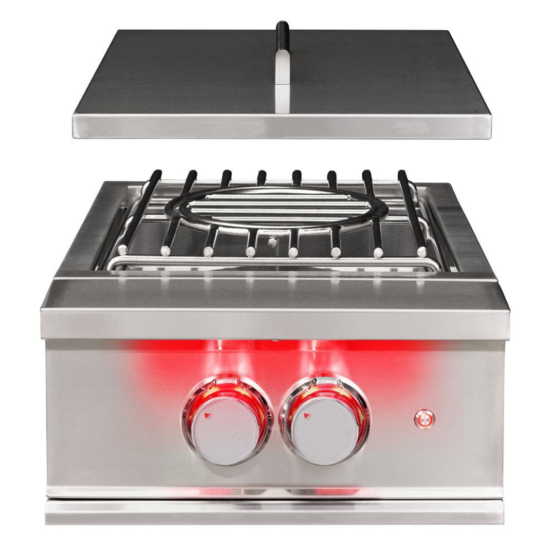 Stainless steel built-in LP propane side burner with hinged cover and red LED control knobs model tfpb-lp-3