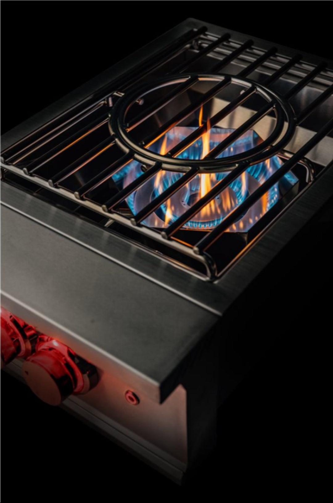Trueflame -TFPB-LP-4 stainless steel LP gas drop-in outdoor kitchen single burner with cast-iron grate and wok ring, blue flame and red backlit control knobs
