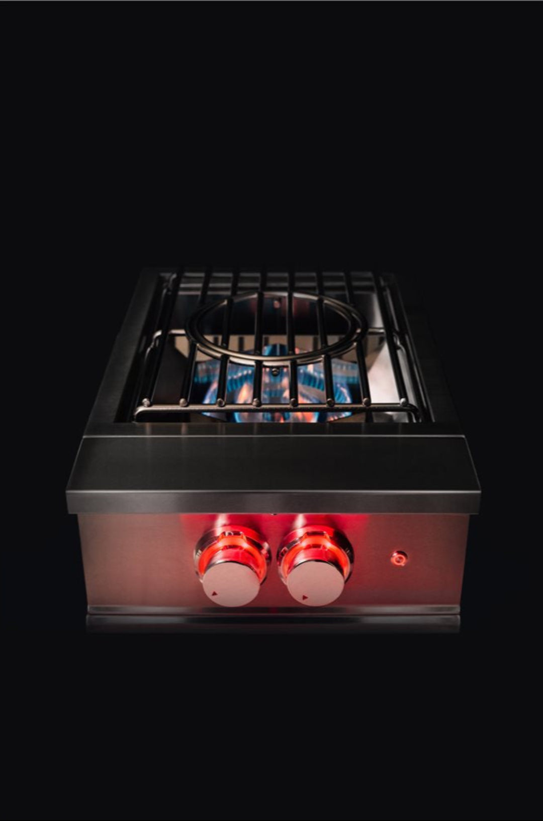 Vine & Flame 125 TFPB-LP built-in stainless steel single LP propane burner cooktop with cast iron grate, visible blue flame and red illuminated control knobs for outdoor kitchen