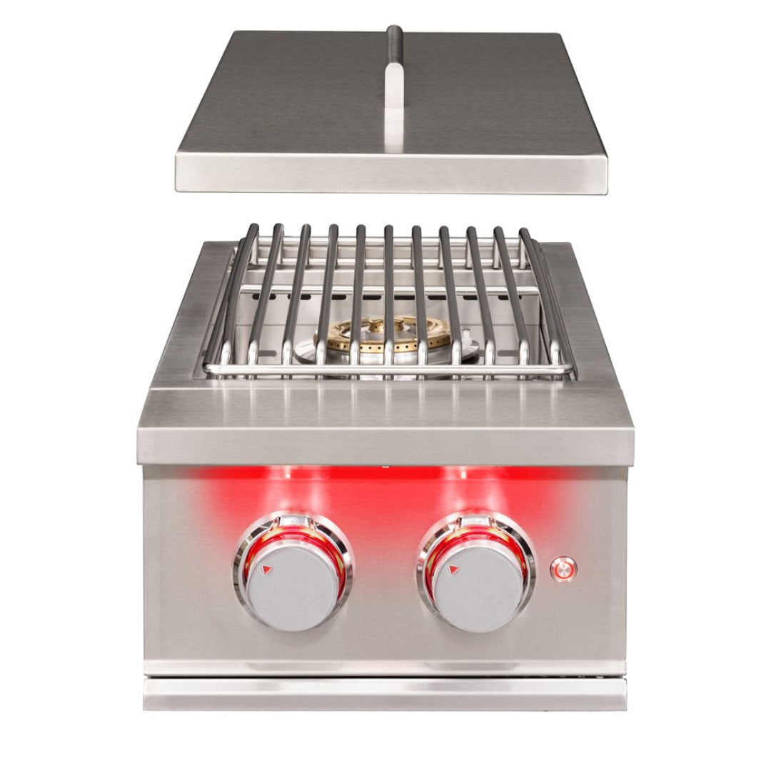 Vine & Flame 125-tfsb2-lp stainless steel built-in LP propane side burner for outdoor kitchen with brass burner, removable grill grate, hinged cover and red LED illuminated control knobs