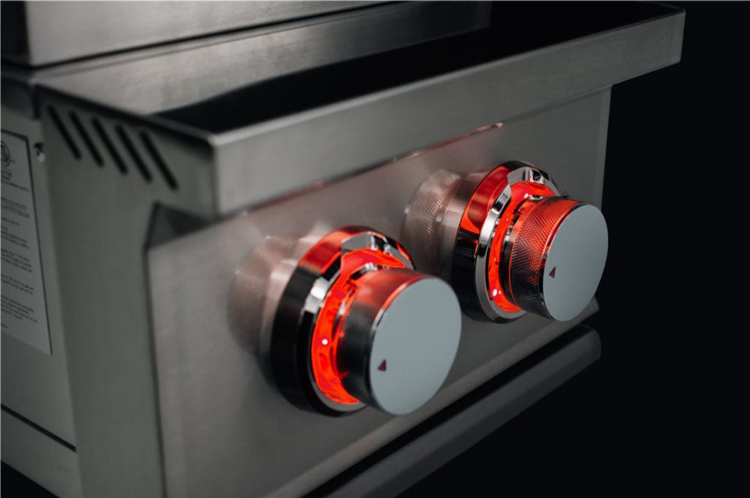 Vine & Flame 125 TFSB2-LP stainless steel built-in propane grill close-up showing dual red LED illuminated control knobs