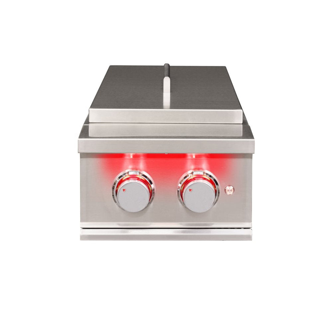 Vine & Flame TFSB2 stainless steel built-in 2-burner side burner with hinged lid and red LED backlit control knobs for outdoor kitchen
