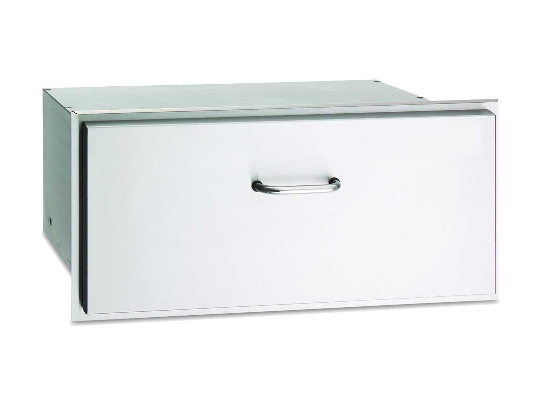A stainless steel American Outdoor Grill storage drawer designed for masonry installation in outdoor kitchens.