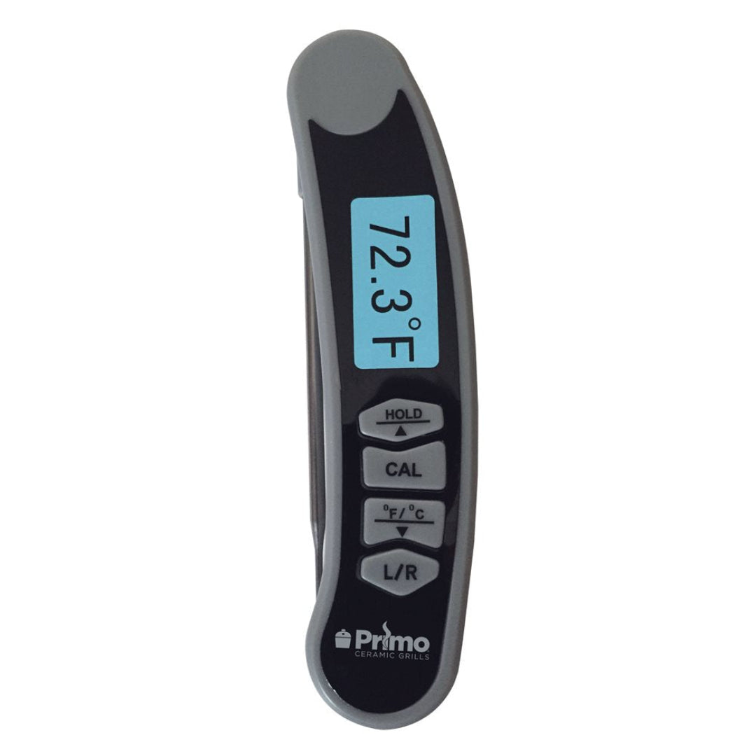Primo Ceramic Grills replacement handheld digital probe thermometer for kamado ceramic grills with blue backlit LCD and CAL/HOLD buttons