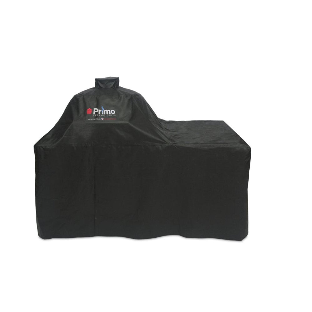 Black Primo Ceramic Grills heavy-duty waterproof fitted cover for oval kamado grill with side shelf and cart — outdoor weather-resistant grill cover