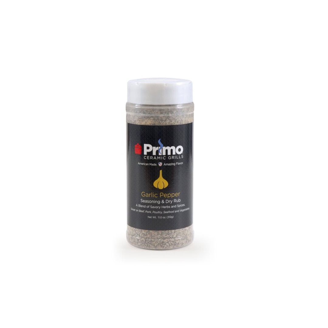 Primo Ceramic Grills Garlic Pepper Seasoning & Dry Rub 11 oz shaker bottle, garlic pepper dry rub and grill seasoning for BBQ beef, pork, poultry, seafood and vegetables