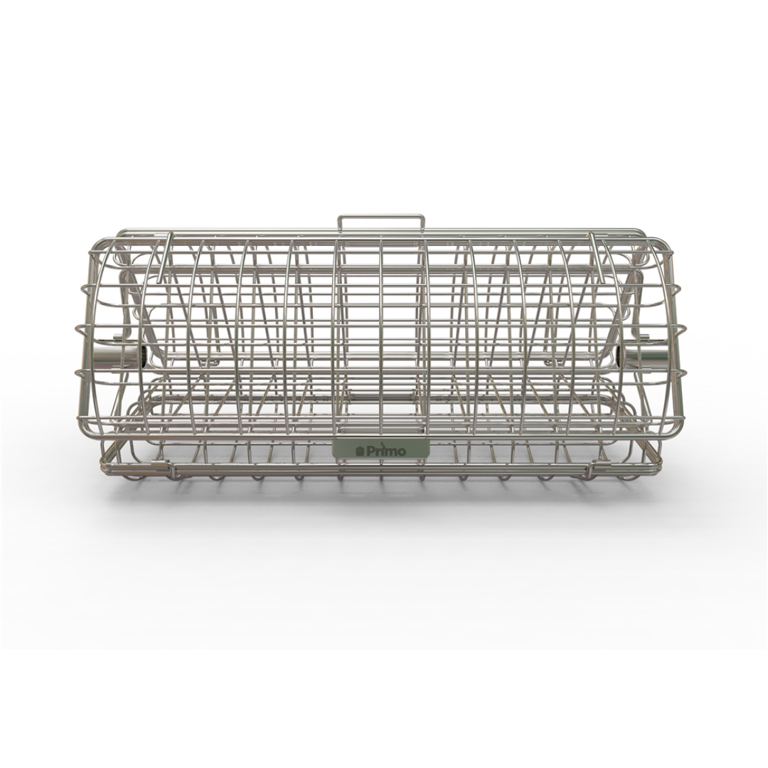 Primo PGRBF1 stainless steel rotisserie basket cage for kamado grills, rotating vegetable, kebab and small-meat grill accessory compatible with Primo rotisserie