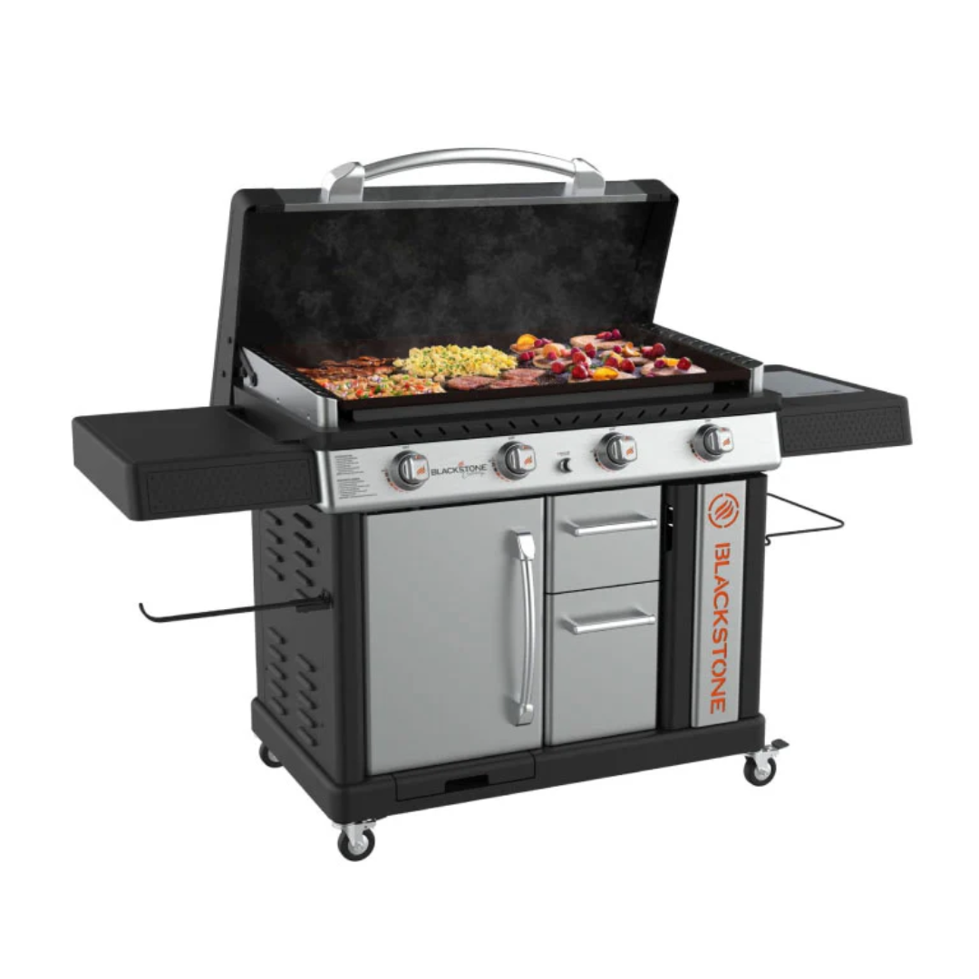 Blackstone 36-inch 4-burner propane griddle cart with hood and storage cabinet, backyard flat-top grill with side shelves