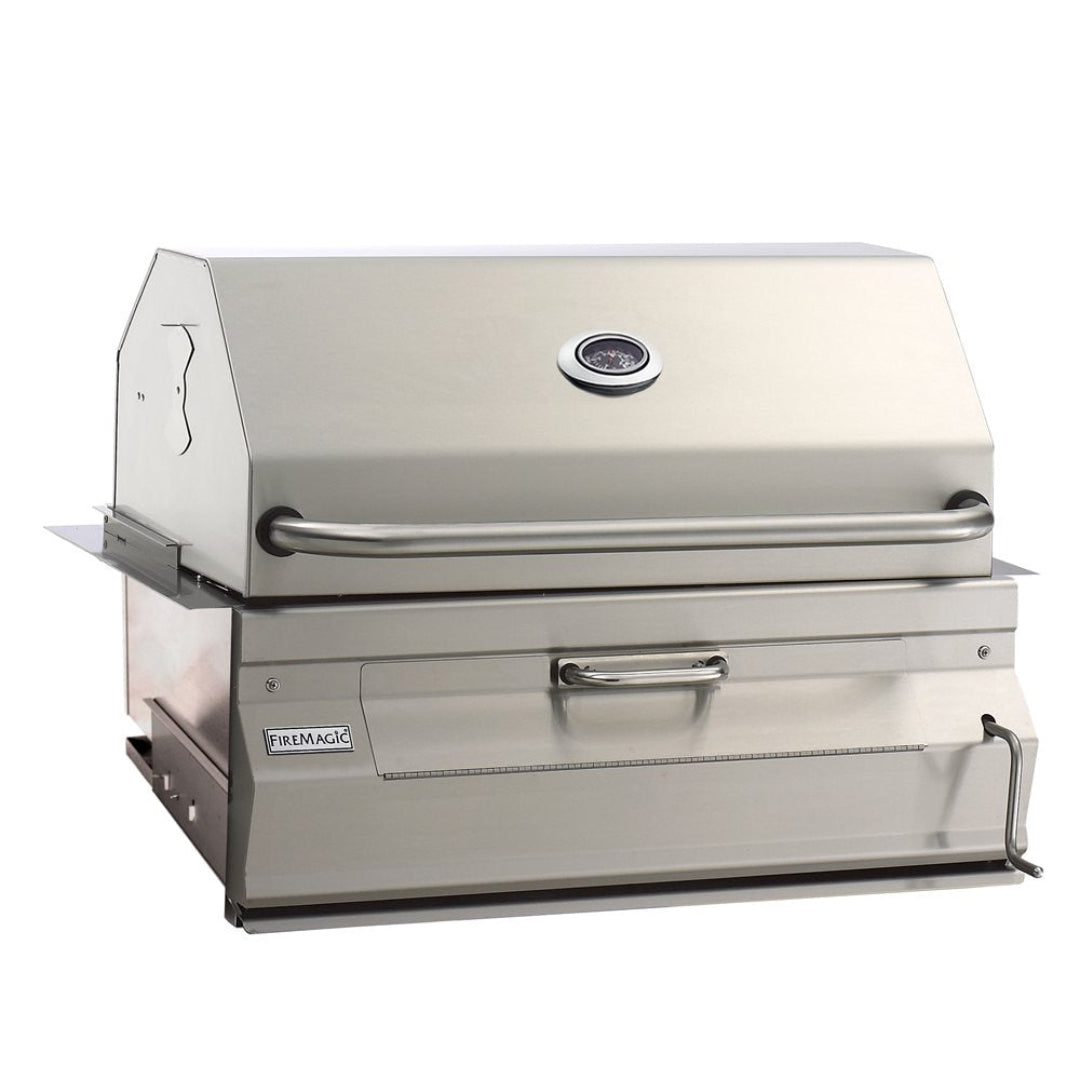 FireMagic stainless steel built-in gas grill head for outdoor kitchen with hood thermometer, heavy-duty handle and front access door