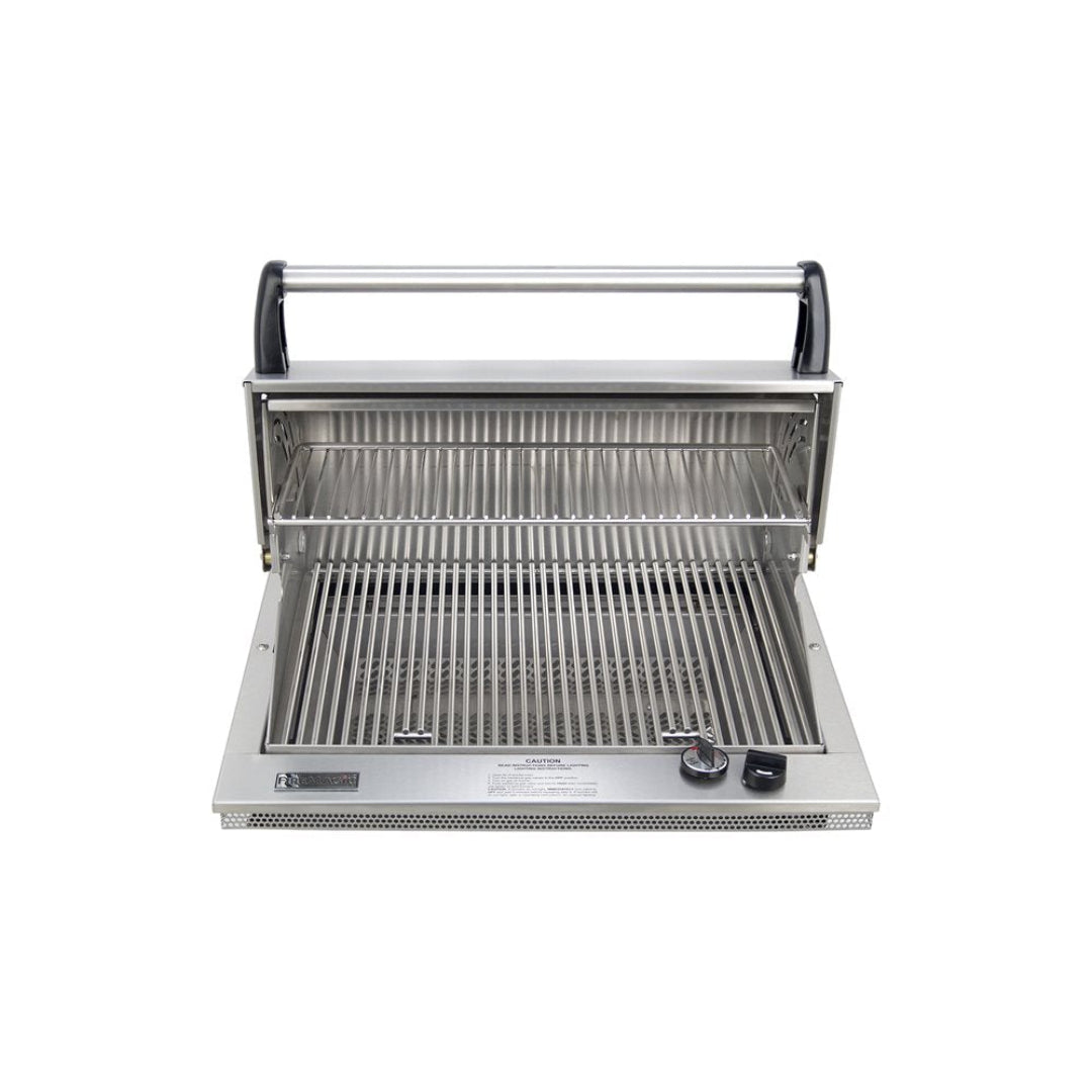 Vine & Flame 31-inch stainless steel built-in gas grill insert with fold-back hood, top warming rack and heavy-duty stainless cooking grates for outdoor kitchen