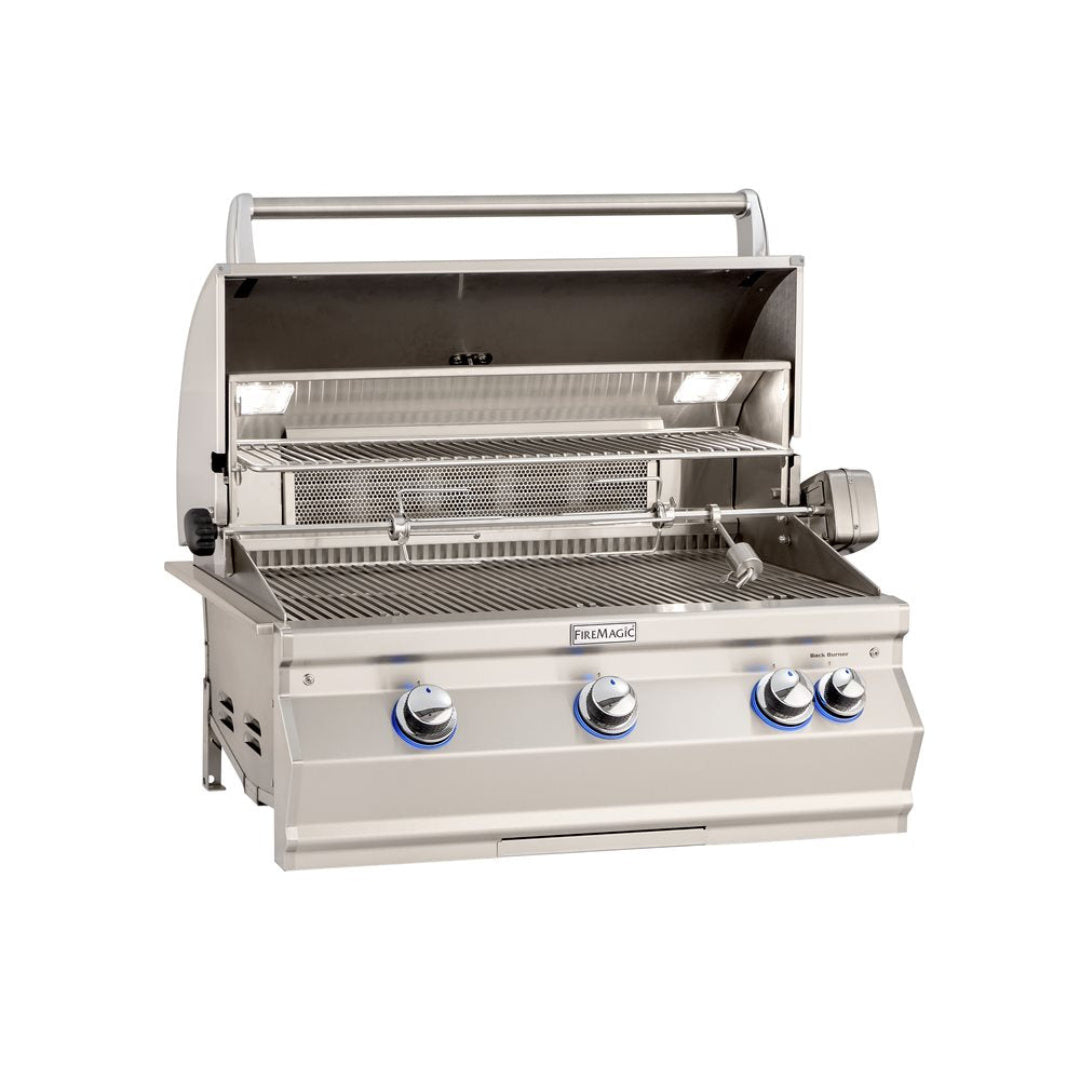 Fire Magic A540i stainless steel built-in 3-burner gas grill with rotisserie, warming rack, interior lights and LED-illuminated control knobs for outdoor kitchen