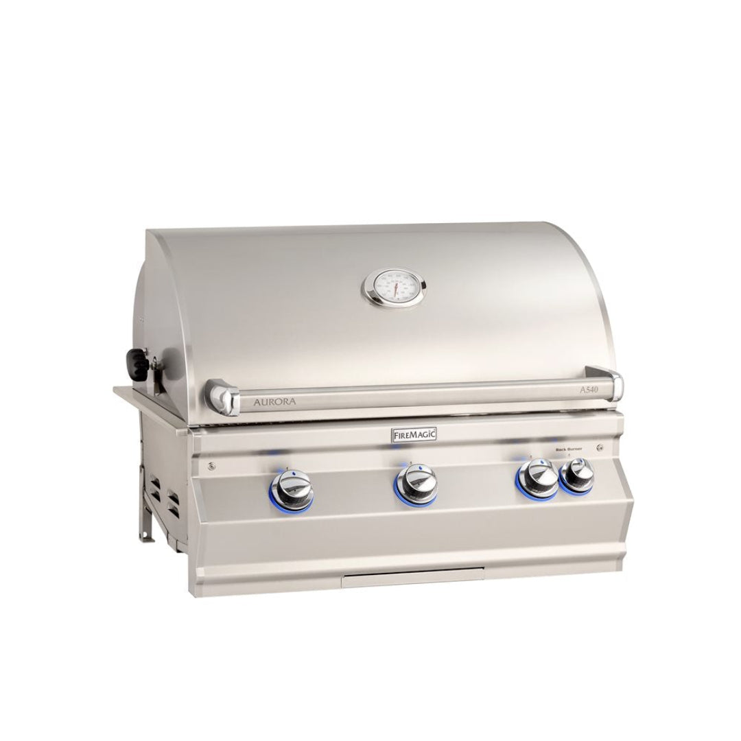 Fire Magic Aurora A540i stainless steel built-in gas grill head for outdoor kitchen, drop-in grill with lid thermometer and blue-illuminated control knobs