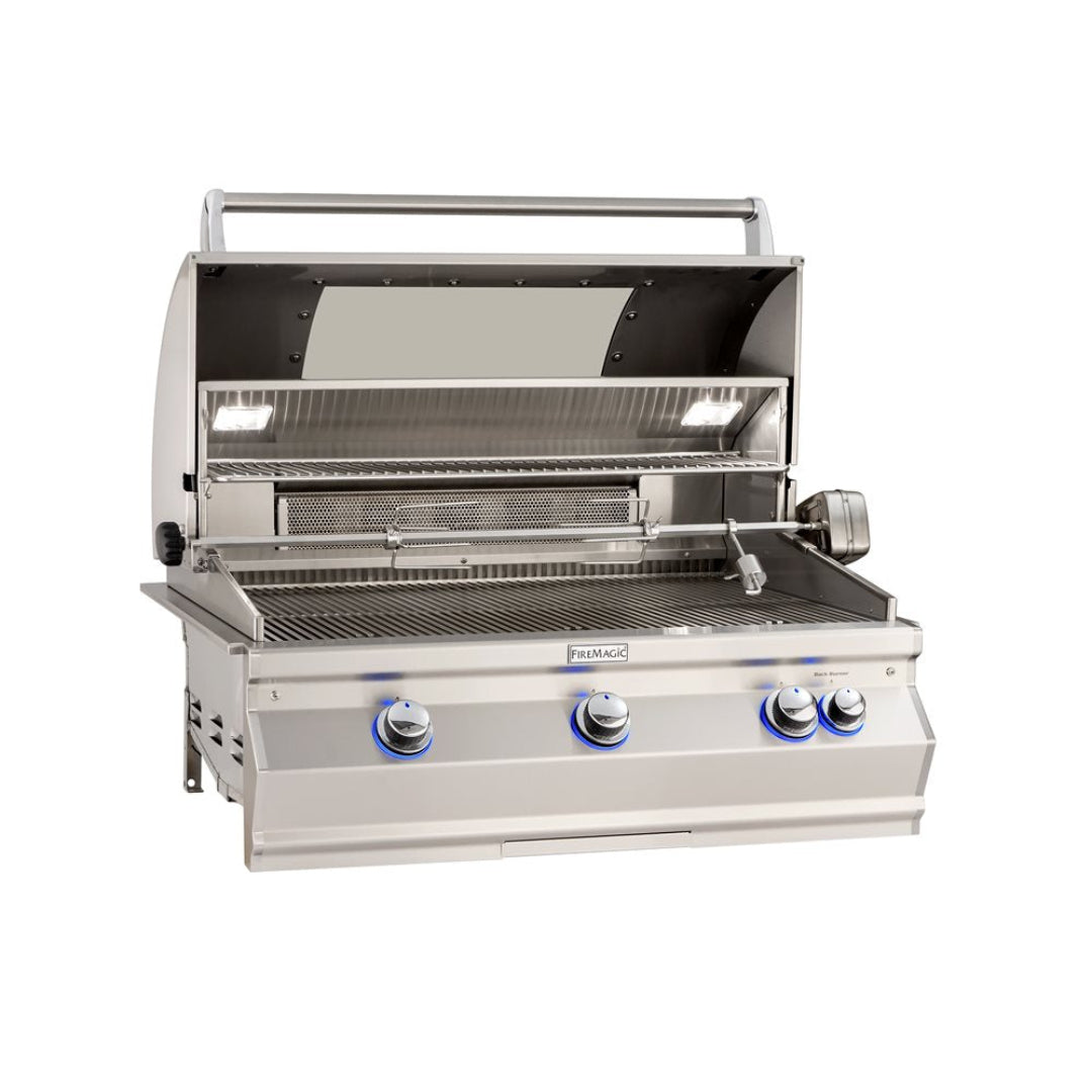 FireMagic A790i stainless steel built-in gas grill with rotisserie, interior lights and warming rack for outdoor kitchen